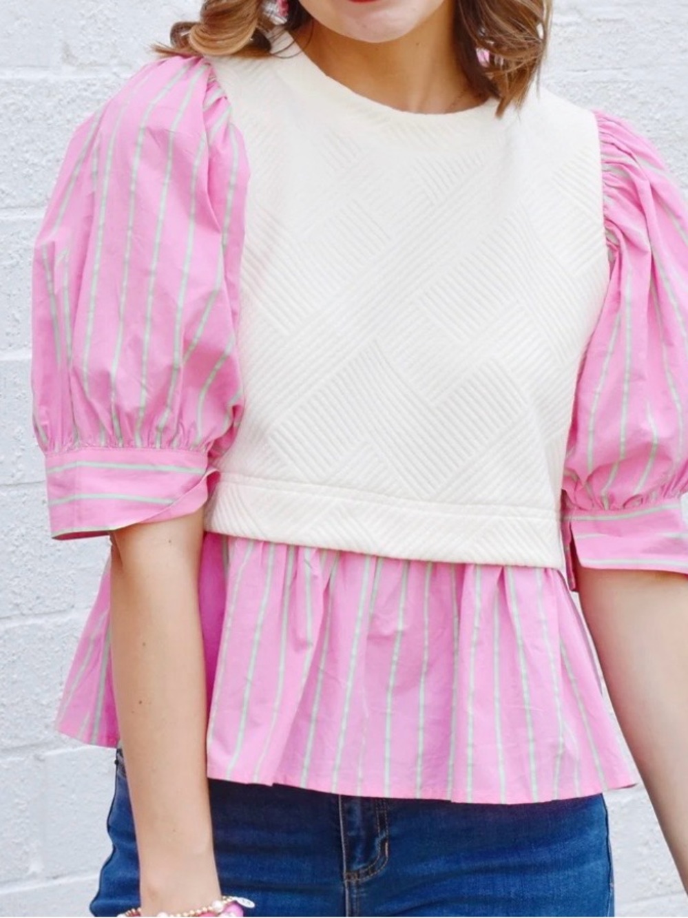 Pink Striped Puff-Sleeve Peplum Top - White Bodice